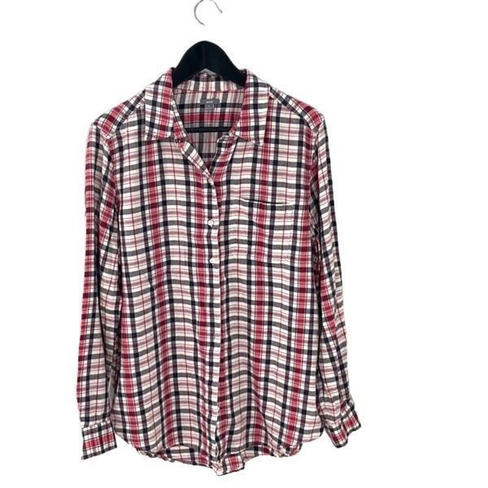 Aerie Womens Plaid Button Down Shirt Long Sleeve Pocket Red Blue Size Medium